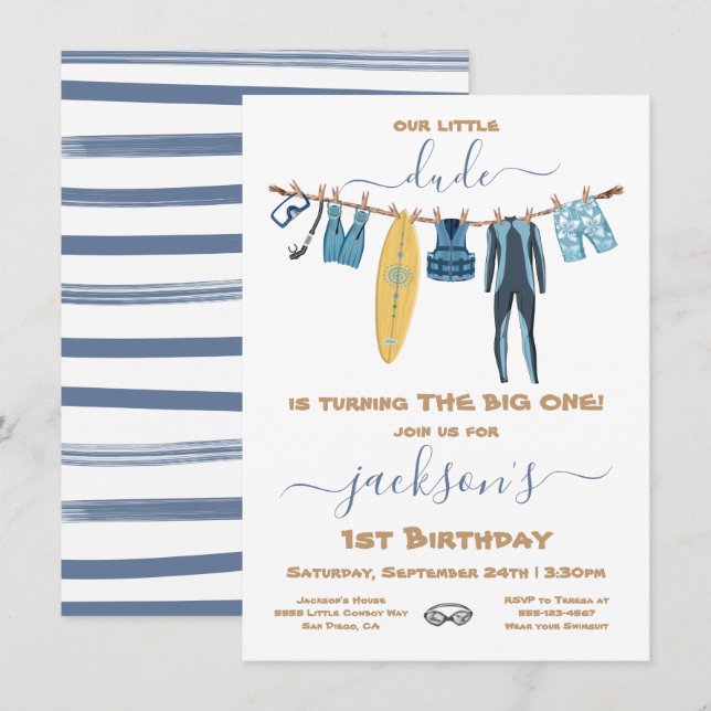 Surfing 1st Birthday Party Clothesline Invitation (Front/Back)