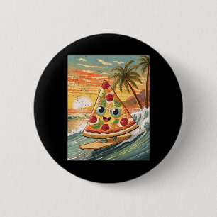 Surfing A Wave Pizza Slice In Tropical Beach Funny Button