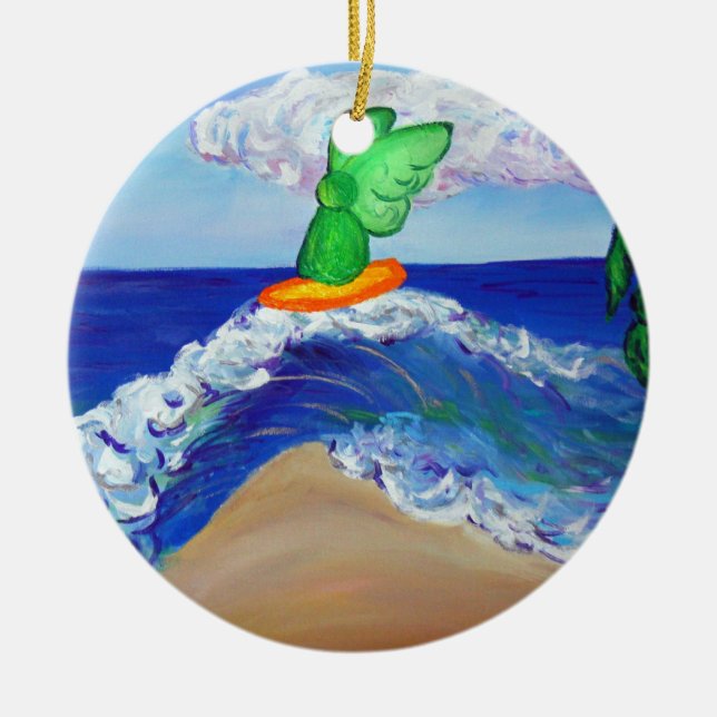 Surfing Angel Raphael Riding Healing Wave Ornament (Front)