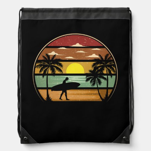 Surfing Apparel Surf Vintage Sunset Beach Palm Tre Drawstring Bag