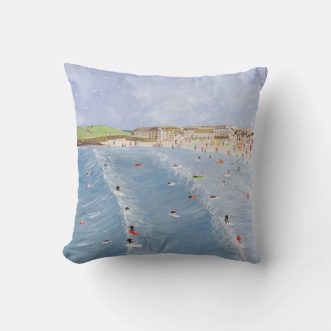 Surfing at Porthmeor Throw Pillow (Front)
