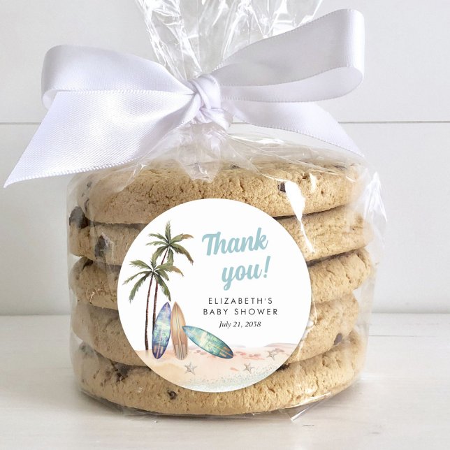Surfing Beach Baby Shower Thank You Classic Round Sticker (Creator Uploaded)