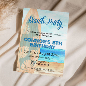 Surfing Beach Boy Birthday Party Invitation by SugSpc_Invitations at Zazzle