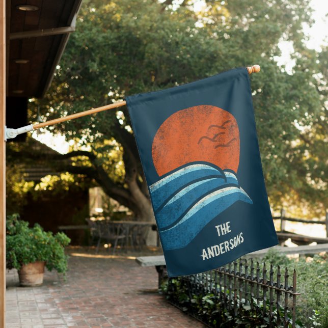 Surfing Beach House Vintage Retro Personalized Flag (In SItu)