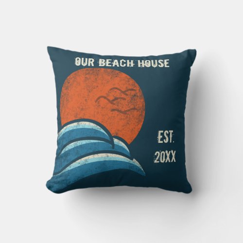 Surfing Beach House Vintage Retro Personalized Throw Pillow