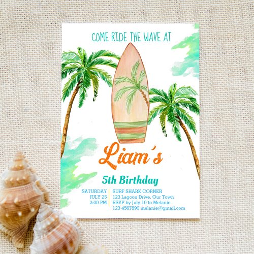 Surfing beach ocean tropical summer birthday invitation