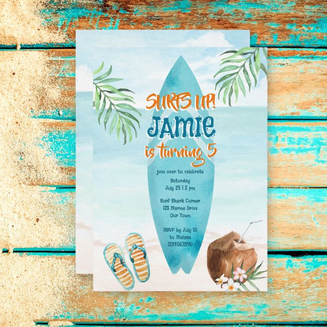 Surfing beach ocean tropical summer birthday invitation (Creator Uploaded)