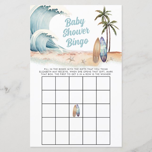 Surfing Beach Summer Baby Shower Bingo Game (Front)