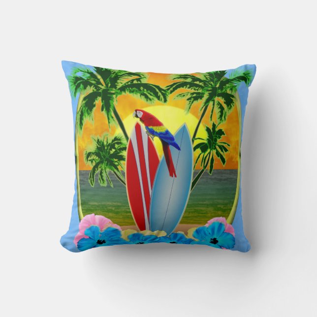 Surfing Beach Sunset Throw Pillow (Front)