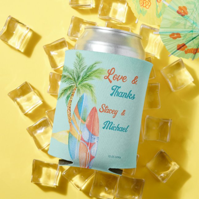 Surfing beach tropical seaside wedding favors can cooler (In Situ Summer)