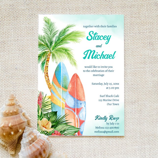 Surfing beach tropical seaside wedding invitation (Creator Uploaded)