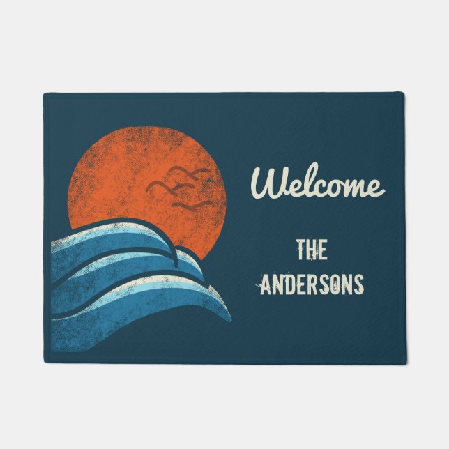 Surfing Beach Vintage Retro Personalized Doormat (Front)
