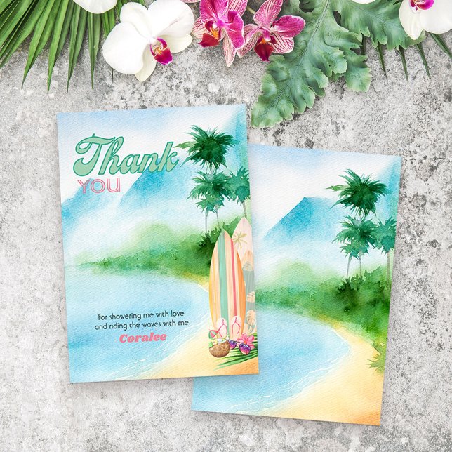 Surfing Beach Watercolor Summer Luau Thank You Card (Surfboards on the beach -watercolor thank you card from my Surfing Collection)