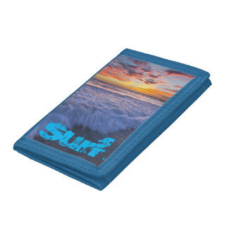 Surfing beach waves at sunset trifold wallet