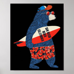 Surfing Bear On San Diego Beach California Summer Poster