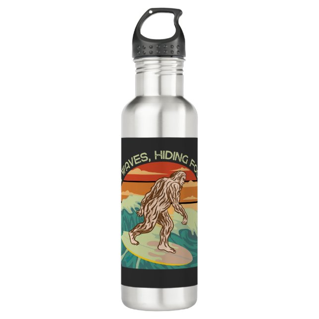 Surfing Bigfoot Hunting Waves Hiding Footprints Stainless Steel Water Bottle (Front)