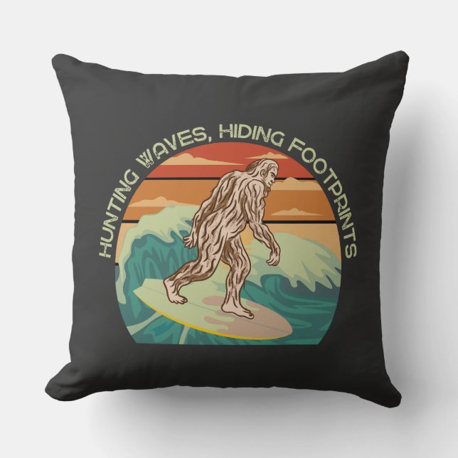 Surfing Bigfoot Hunting Waves Hiding Footprints Throw Pillow (Front)