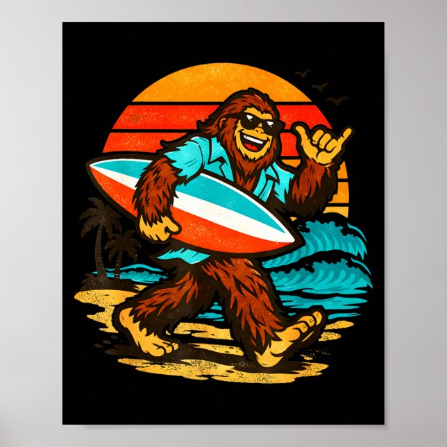 Surfing bigfoot retro sunset beach tropical beach poster (Front)
