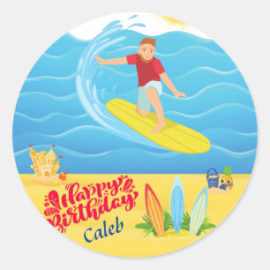 Surfing Birthday Classic Round Sticker