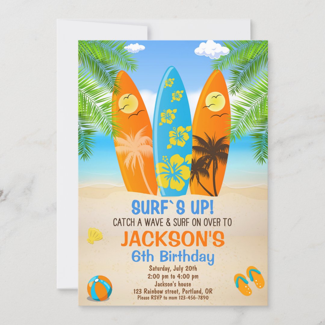 Surfing birthday invitation Surfboard invite beach | Zazzle