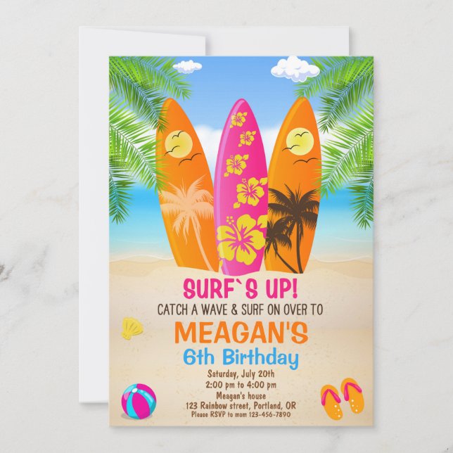 Surfing birthday invitation Surfs up party invite (Front)