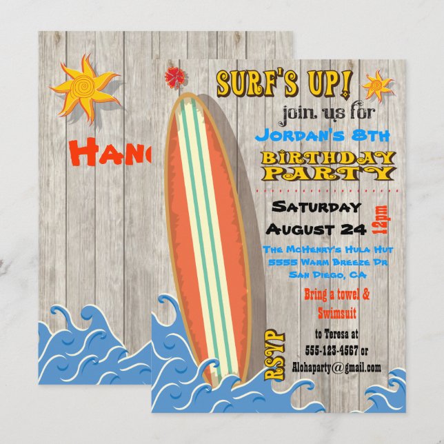 Surfing Birthday Party Invitations (Front/Back)
