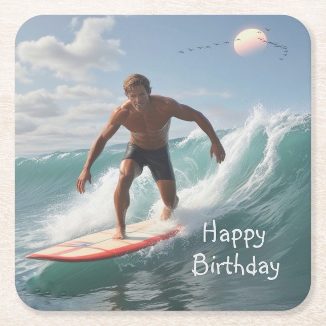 Surfing Birthday Square Paper Coaster (Front)