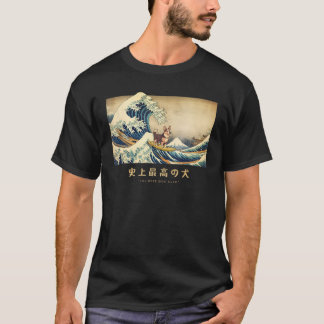 Surfing Black Brindle Corgi Kanagawa Wave Japanese T-Shirt