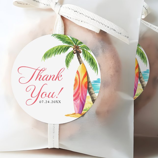Surfing Board Summer Beach Thank You Favor Classic Round Sticker (Creator Uploaded)