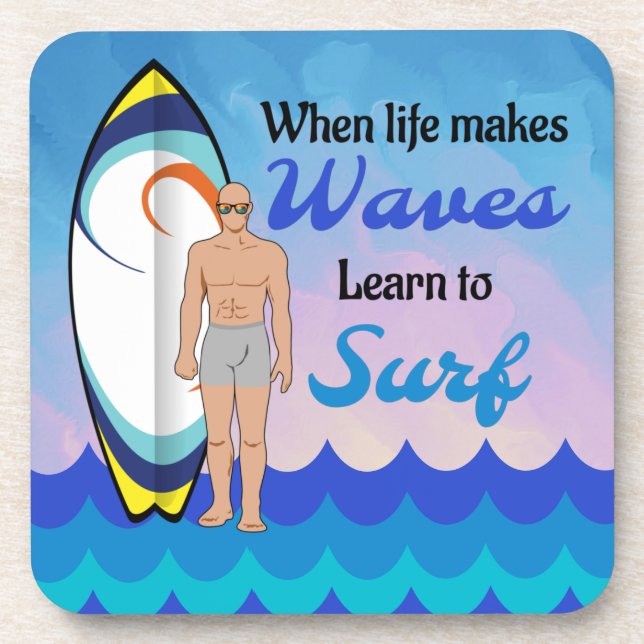 Surfing board water waves inspirational quote beverage coaster (Front)