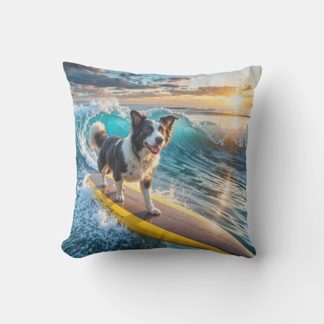 Surfing Border Collie Outdoor Pillow (Front)
