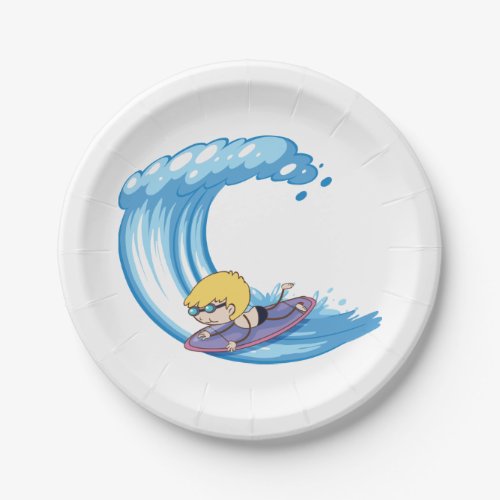 Surfing Boy Blue Wave Paper Plates