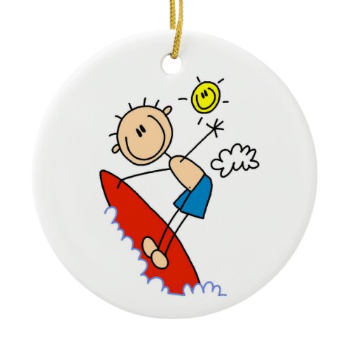 Surfing Boy Stick Figure Ceramic Ornament