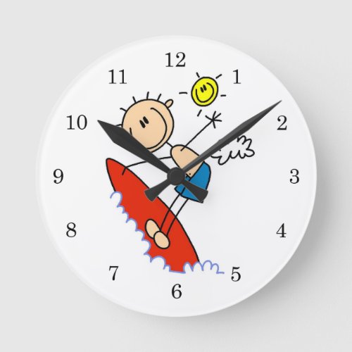 Surfing Boy Stick Figure Round Clock