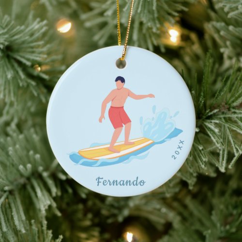 Surfing Boy Surfer Riding a Wave Name  Year Water Ceramic Ornament