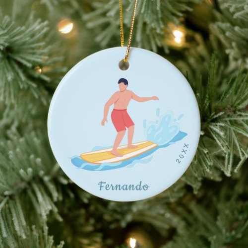 Surfing Boy Surfer Riding a Wave Name &amp; Year Water Ceramic Ornament