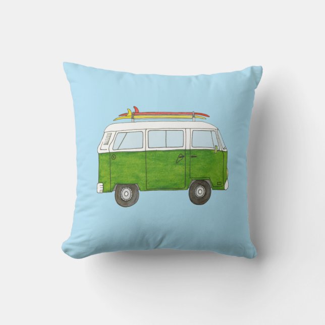 Surfing Campervan Throw Pillow (Front)
