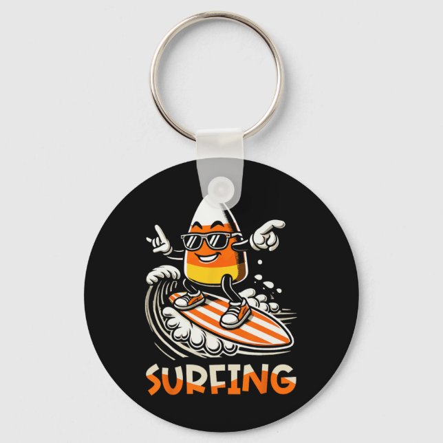 Surfing Candy Corn Funny Halloween Design  Keychain (Front)