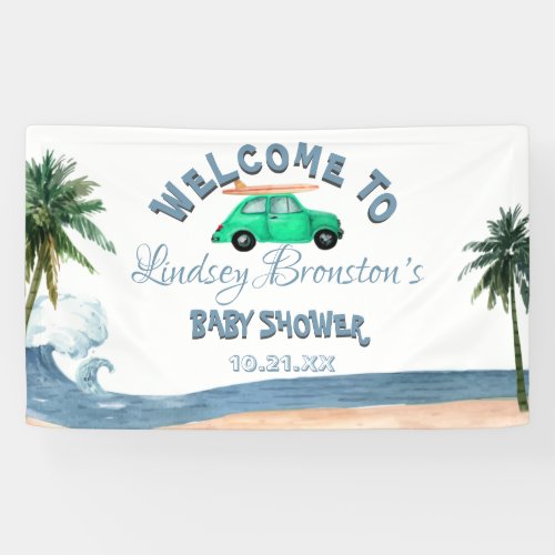 Surfing Car Coconut Tree Blue Beach Baby Shower   Banner