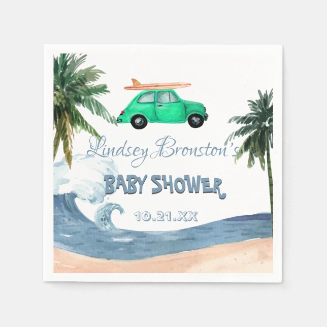 Surfing Car Coconut Tree Blue Beach Baby Shower Napkins (Front)