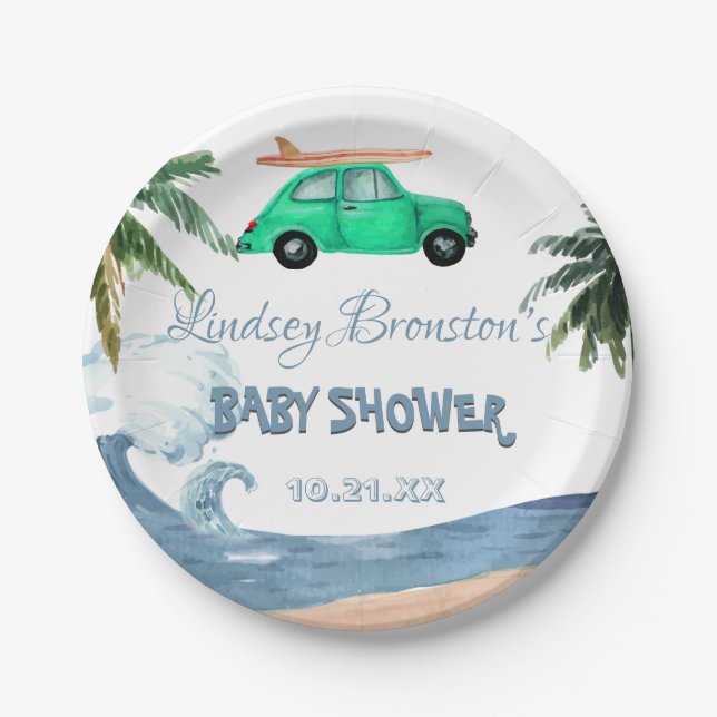 Surfing Car Coconut Tree Blue Beach Baby Shower Paper Plates (Front)