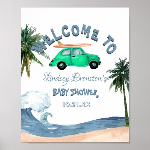 Surfing Car Coconut Tree Blue Beach Baby Shower    Poster