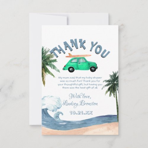 Surfing Car Coconut Tree Blue Beach Baby Shower  Thank You Card