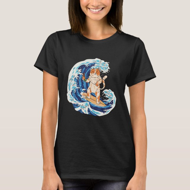 Surfing Cat And Eating Sushi   Cat T-Shirt (Front)