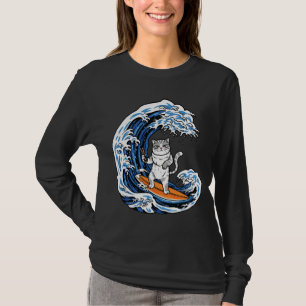 Surfing Cat on Epic Blue Wave – Cool Cartoon Ocean T-Shirt