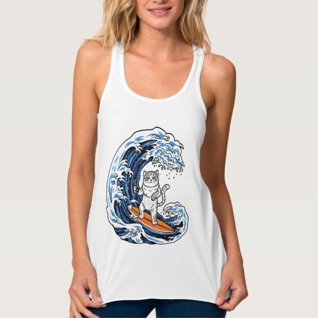 Surfing Cat on Epic Blue Wave – Cool Cartoon Ocean Tank Top (Front)