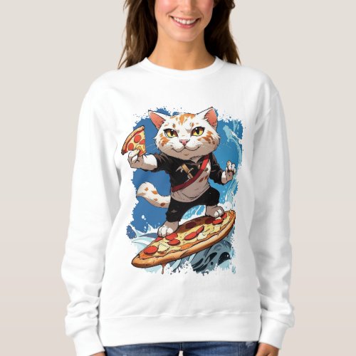 Surfing cat pizza party design sweatshirt