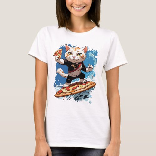 Surfing cat pizza party design T_Shirt