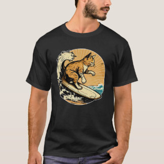 Surfing Cat Retro Vintage Sunset Beach Summer Coas T-Shirt