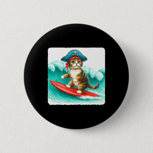 Surfing Cat With Pirate Hat On Surfboard. Waves Pl Button